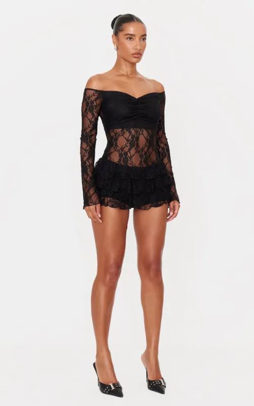 Black Lace Bardot Rara Skort Playsuit sold by Pretty Little Thing