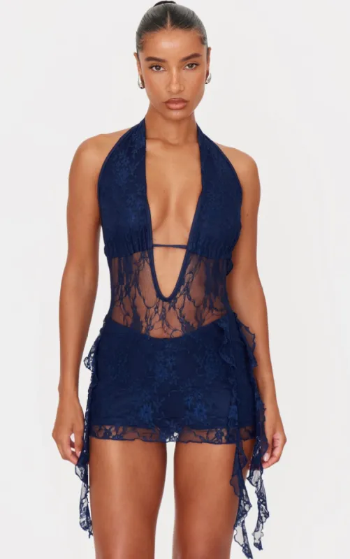 Navy Lace Drape Detail Skort Playsuit sold by Pretty Little Thing