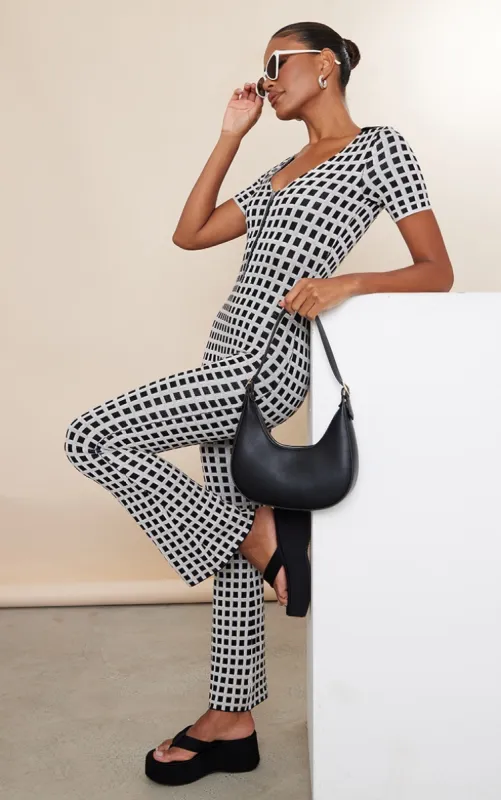 Beige Vintage Check Knit Zip Jumpsuit made by Pretty Little Thing