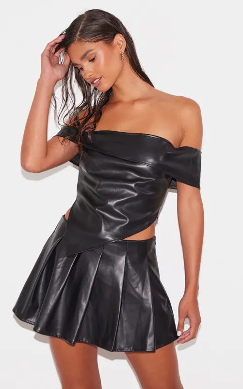 Black Faux Leather Off The Shoulder Top sold by Pretty Little Thing