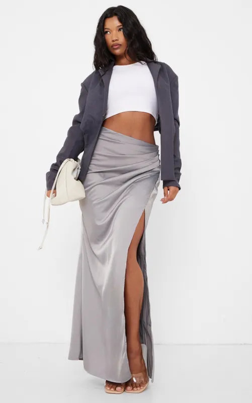 Pale Grey Structured Satin V Front Ruched Split Front Maxi Skirt sold by Pretty Little Thing