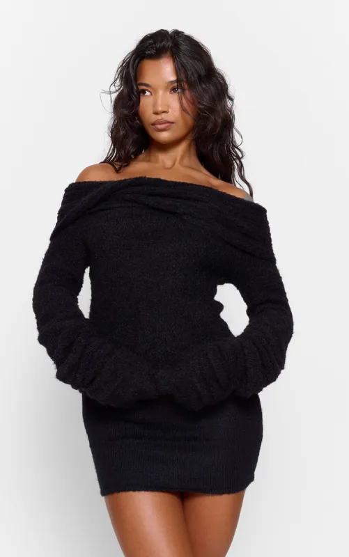 Black Soft Bobble Knit Bardot Foldover Top sold by Pretty Little Thing