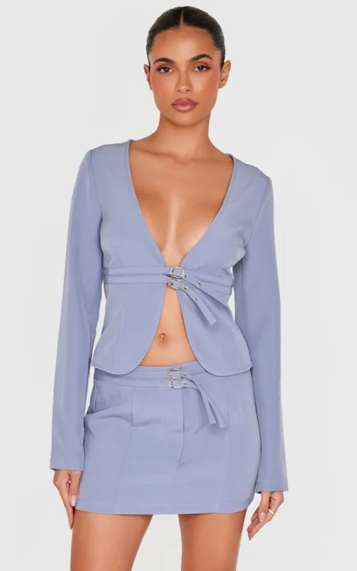 Blue Grey Tailored Woven Buckle Detail Long Sleeve Top sold by Pretty Little Thing