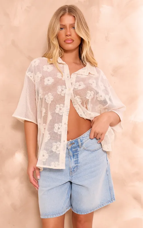 Beige Flower Embroidered Oversized Fit Shirt sold by Pretty Little Thing