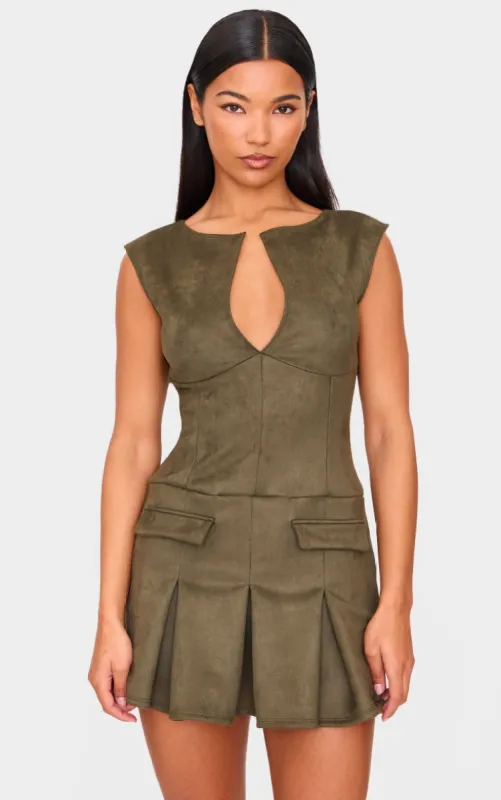 Khaki Faux Suede Pleated Pocket Detail Shift Dress sold by Pretty Little Thing