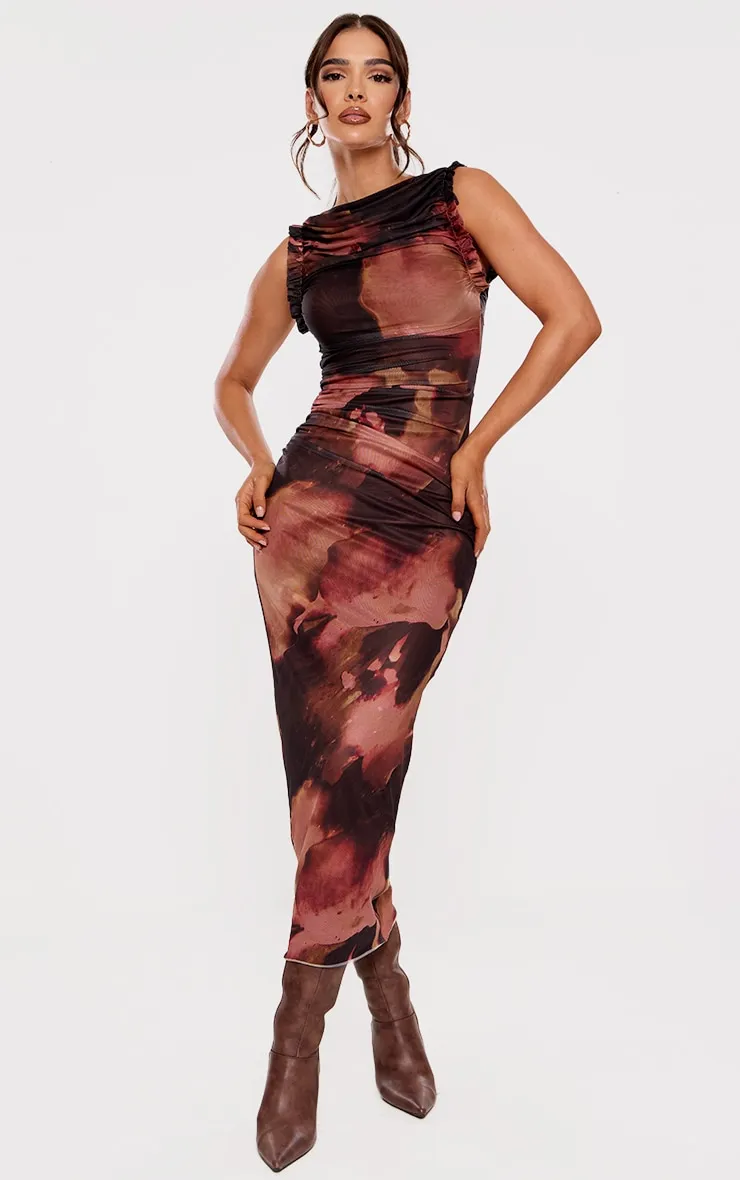 Brown Abstract Print Mesh Racer Neck Maxi Dress sold by Pretty Little Thing