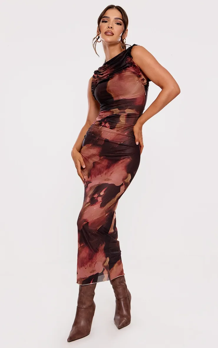 Brown Abstract Print Mesh Racer Neck Maxi Dress sold by Pretty Little Thing product image thumbnail 3