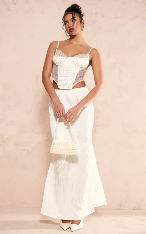 Cream Crinkle Satin Fishtail Low Rise Maxi Skirt sold by Pretty Little Thing