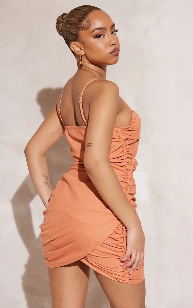 Petite Clay Linen Look Ruched Mini Dress sold by Pretty Little Thing product image thumbnail 2