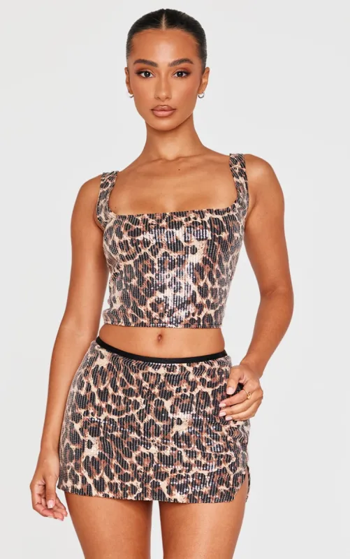 Petite Leopard Print Square Neck Sequin Crop Top sold by Pretty Little Thing