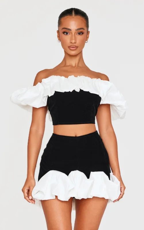 Petite Black Velvet Ruffle Detail Bardot Crop Top sold by Pretty Little Thing