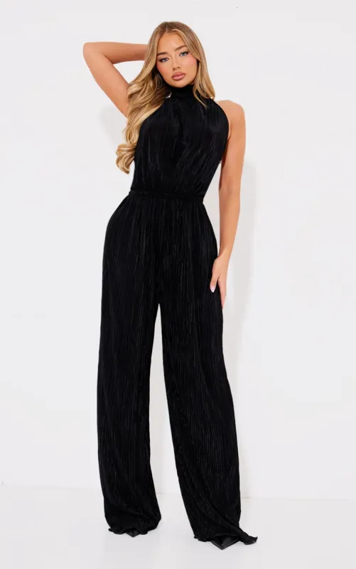 Black Plisse High Neck Scoop Back Wide Leg Jumpsuit sold by Pretty Little Thing