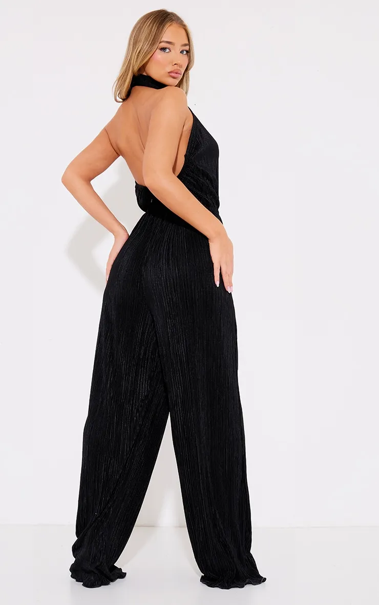 Black Plisse High Neck Scoop Back Wide Leg Jumpsuit sold by Pretty Little Thing product image thumbnail 2