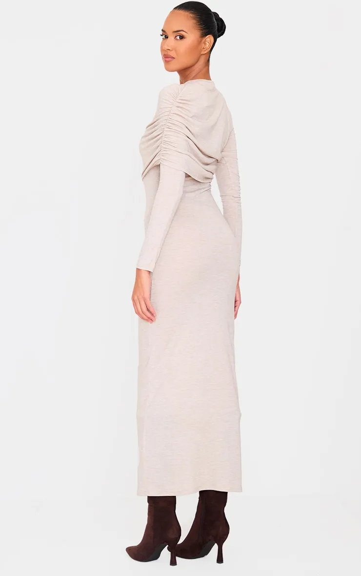 Oatmeal Ruched Overlay Long Sleeve Maxi Dress sold by Pretty Little Thing product image thumbnail 2
