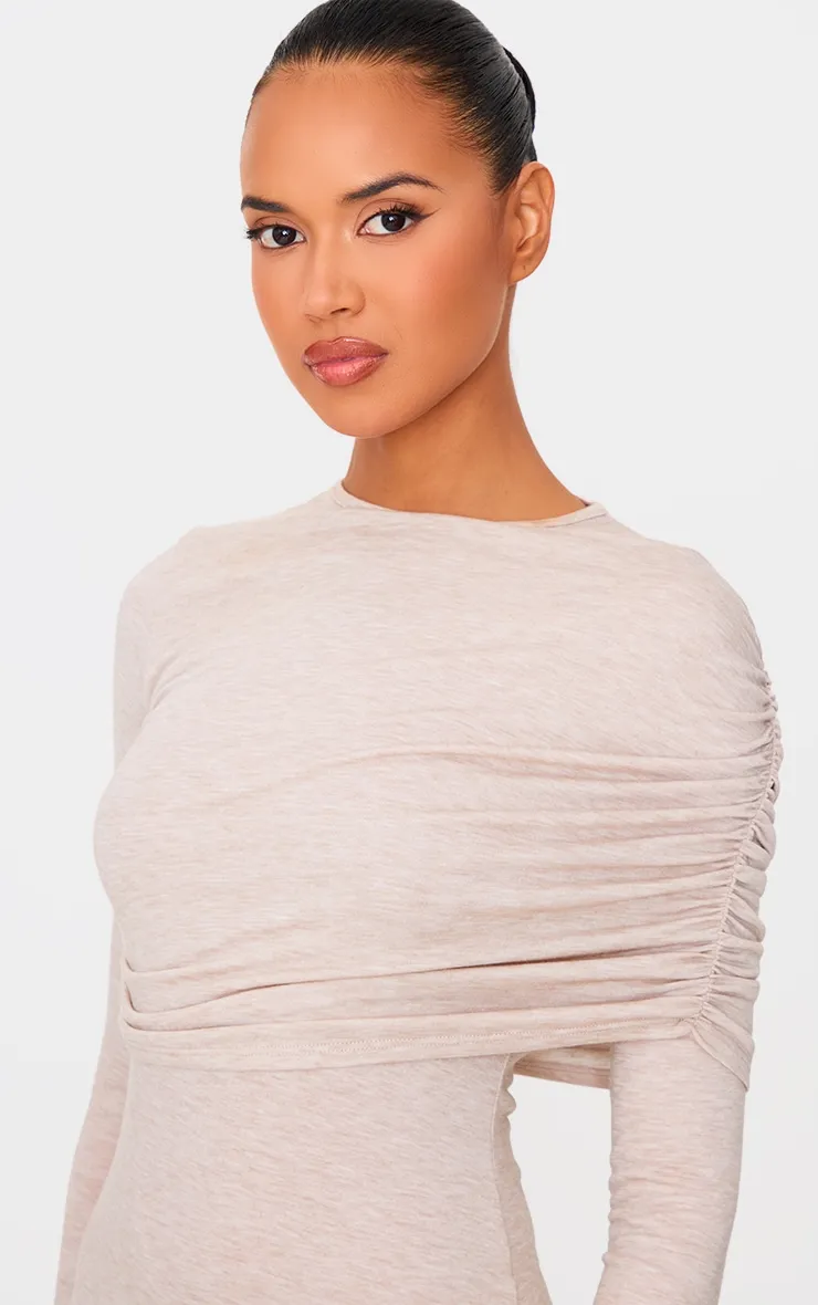 Oatmeal Ruched Overlay Long Sleeve Maxi Dress sold by Pretty Little Thing product image thumbnail 4