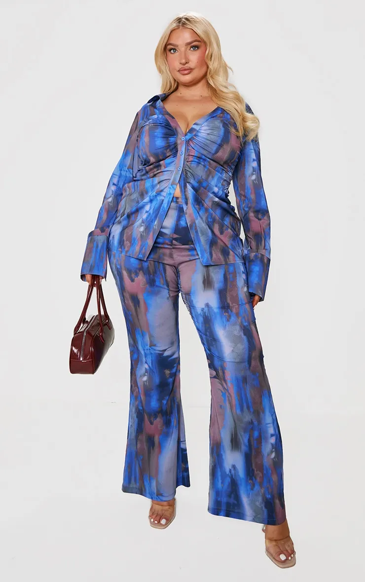 Plus Blue Abstract Print Chiffon Flare Trousers sold by Pretty Little Thing
