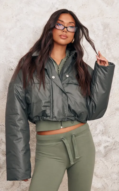 Khaki Pocket Detail Lightweight Puffer Jacket sold by Pretty Little Thing