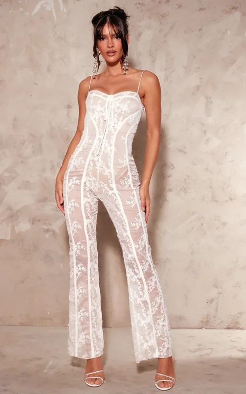 White Lace Binding Detail Strappy Sheer Jumpsuit sold by Pretty Little Thing