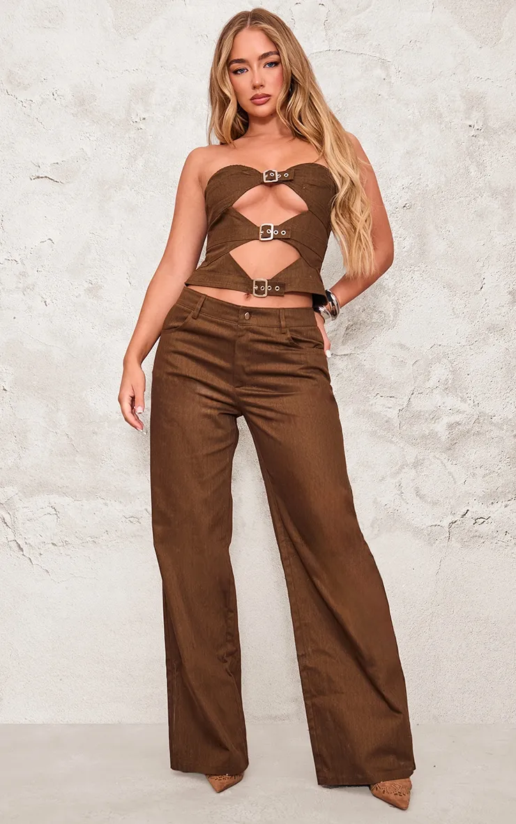 Chocolate Premium Twill Mid Rise Wide Leg Trouser sold by Pretty Little Thing