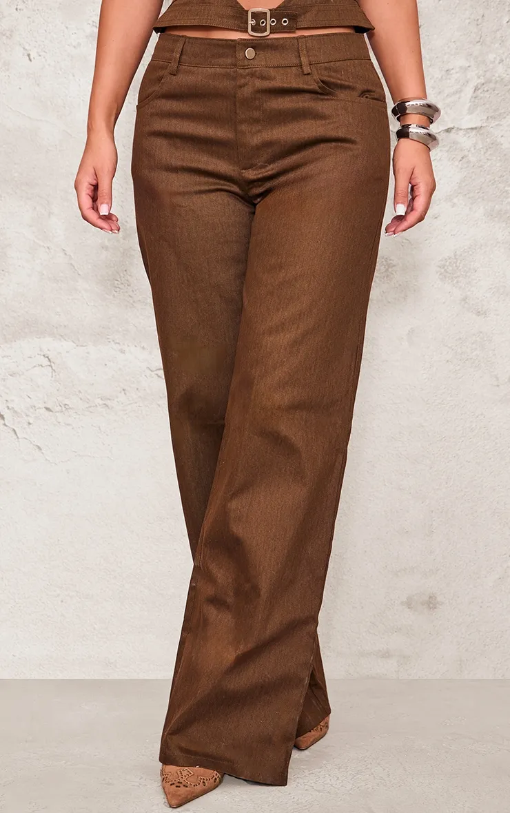 Chocolate Premium Twill Mid Rise Wide Leg Trouser sold by Pretty Little Thing product image thumbnail 2