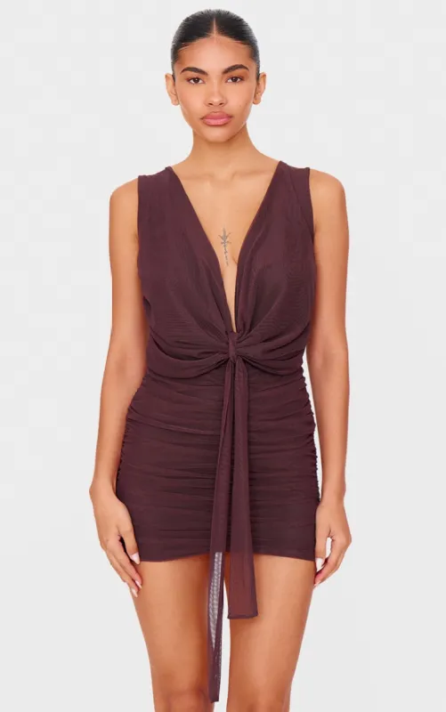 Chocolate Mesh Plunge Knot Detail Mini Dress sold by Pretty Little Thing