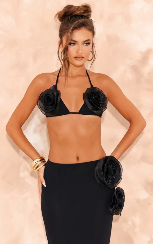 Black Flower Applique Triangle Bikini Top sold by Pretty Little Thing