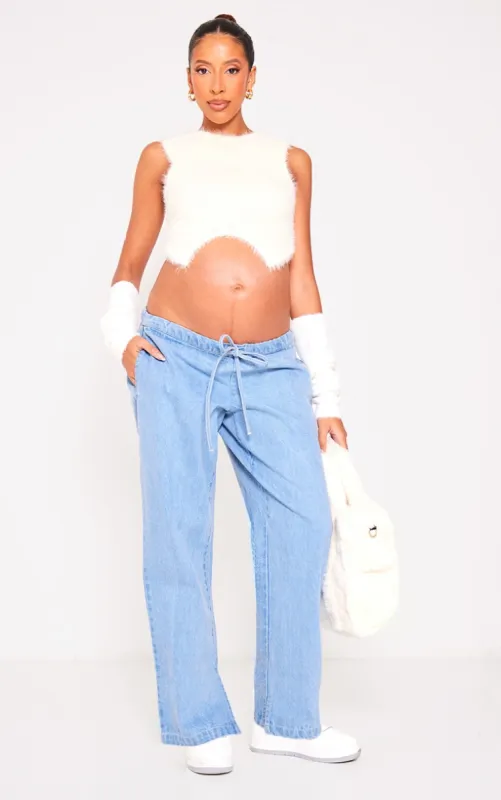 Maternity Washed Blue Under Bump Drawstring Straight Leg Jeans sold by Pretty Little Thing