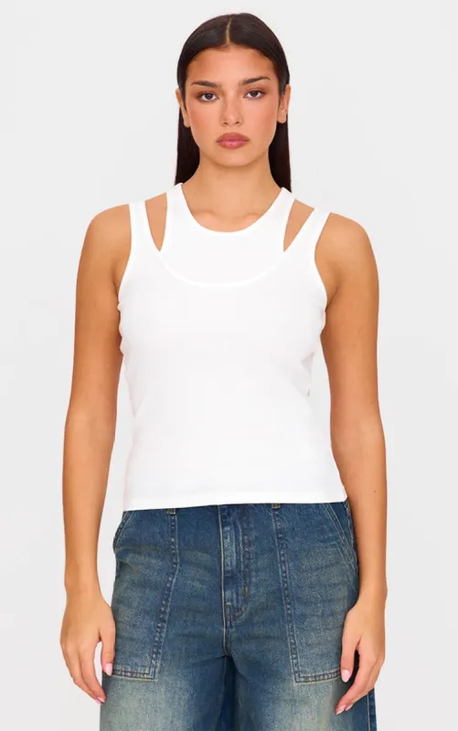 White Double Layer Ribbed Vest Top sold by Pretty Little Thing