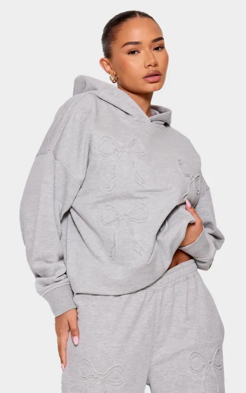 Petite Grey Marl Embossed Bow Detail Hoodie sold by Pretty Little Thing