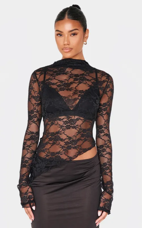 Black Lace High Neck Asymmetric Hem Long Sleeve Top sold by Pretty Little Thing