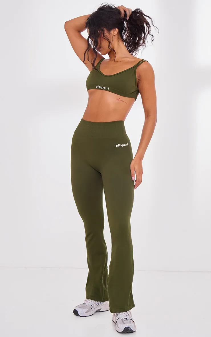 PLT SPORT Khaki Seamless Ribbed Detail High Waist Yoga Flares sold by Pretty Little Thing