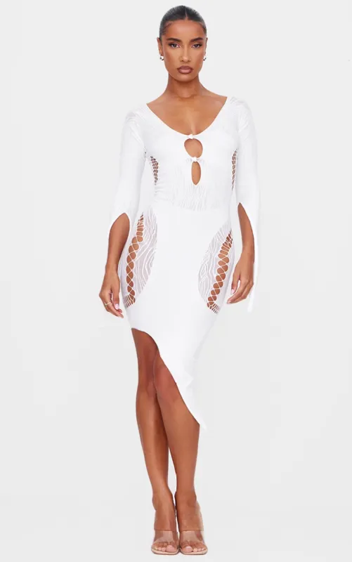White Sheer Cut Out Long Sleeve Midi Dress sold by Pretty Little Thing