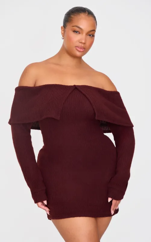 Plus Chocolate  Soft Touch Bardot Mini Dress sold by Pretty Little Thing