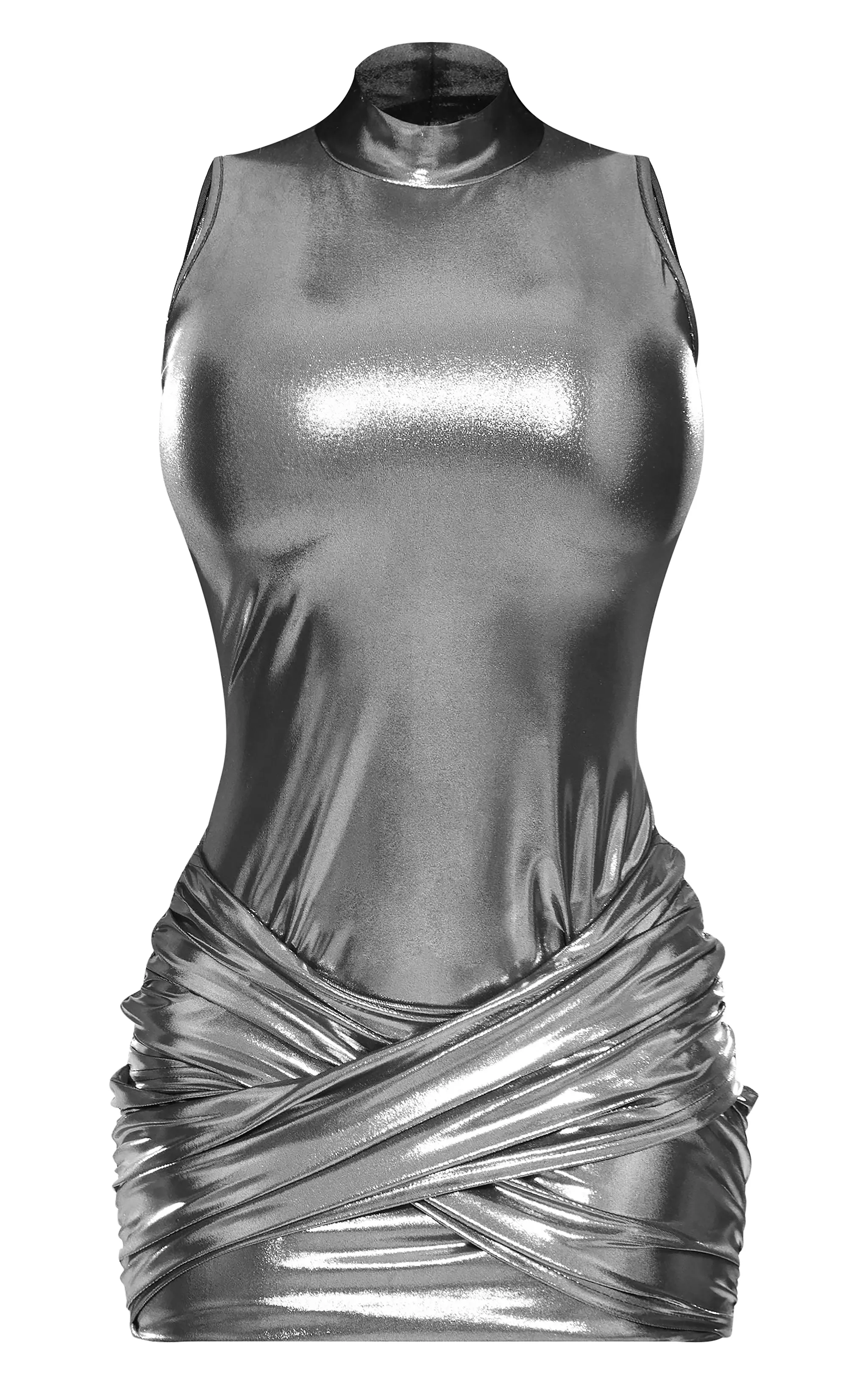 Shape Black Wet Look Metallic High Neck Wrap Front Dress sold by Pretty Little Thing product image thumbnail 5