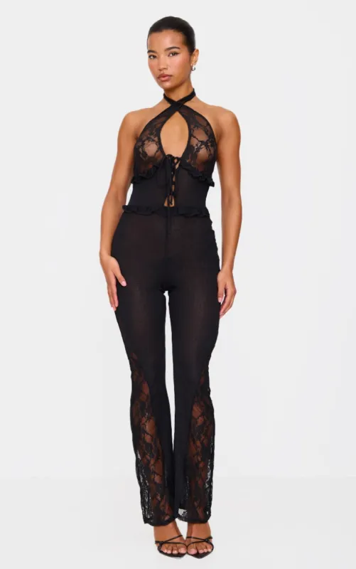 Black Lace Trim Mesh Halter Neck Sheer Jumpsuit sold by Pretty Little Thing