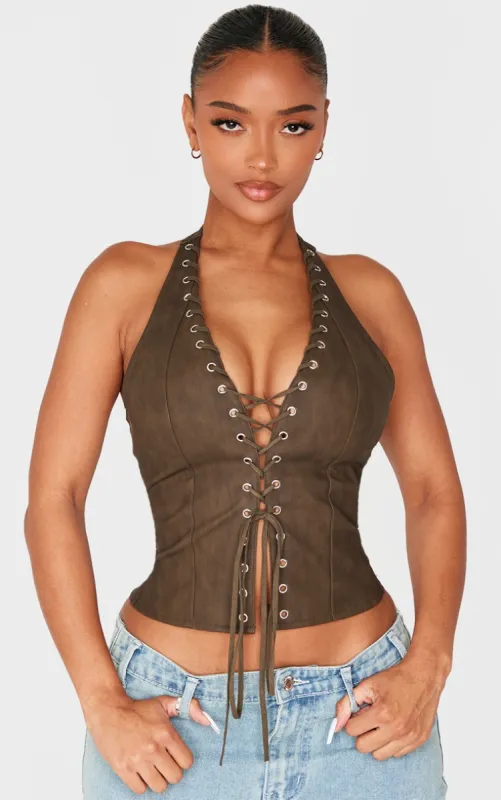 Shape Olive Washed Faux Leather Halter Neck Lace Up Corset sold by Pretty Little Thing