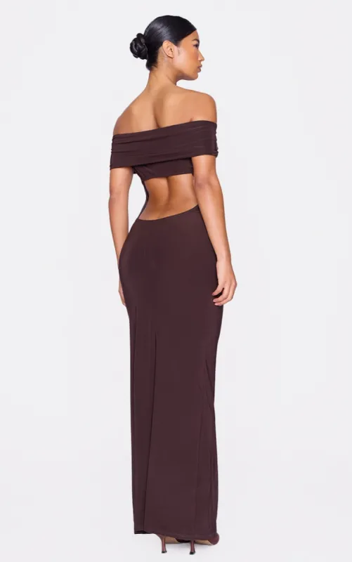 Chocolate Open Back Bardot Maxi Dress sold by Pretty Little Thing