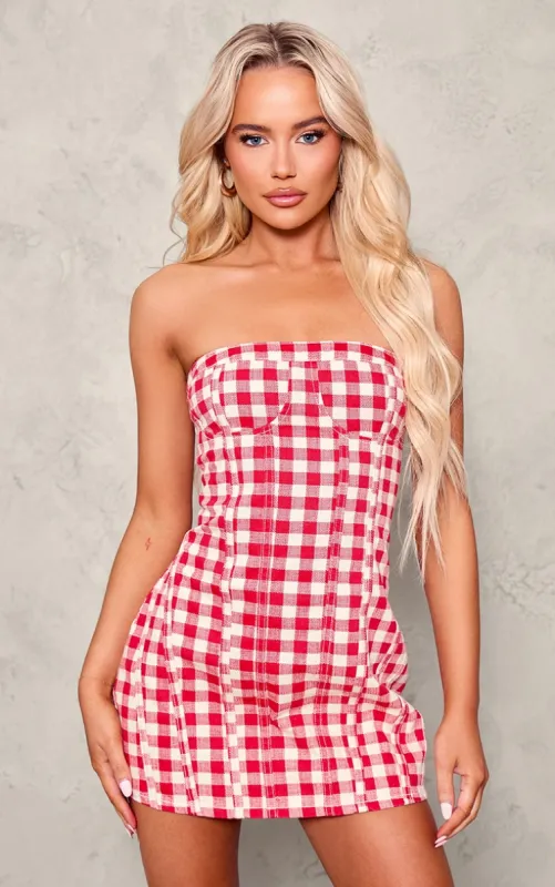 Red And White Gingham Denim Mini Dress sold by Pretty Little Thing