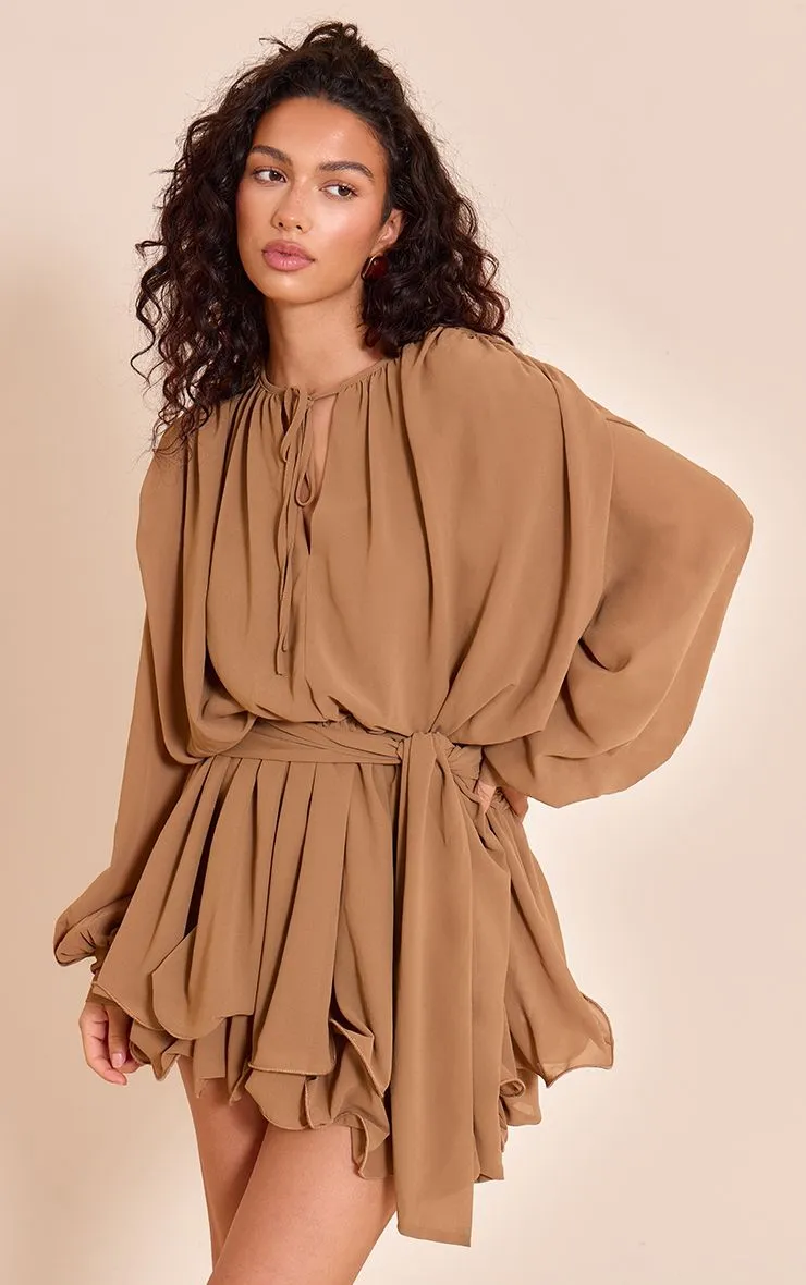 Chocolate Floaty Tie Detail Long Sleeve Shift Dress sold by Pretty Little Thing