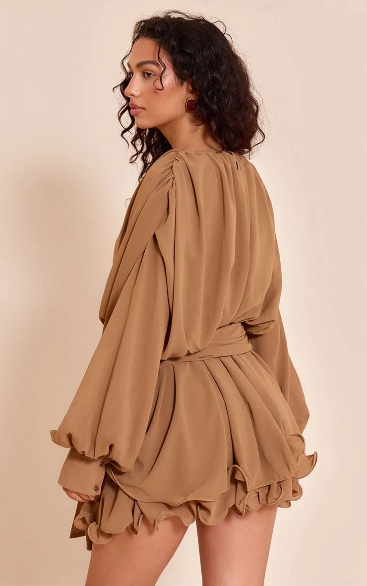 Chocolate Floaty Tie Detail Long Sleeve Shift Dress sold by Pretty Little Thing product image thumbnail 2