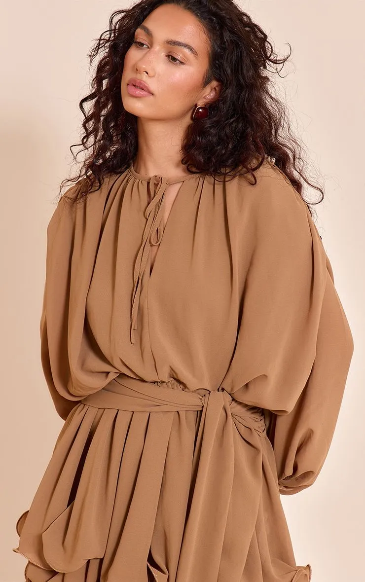 Chocolate Floaty Tie Detail Long Sleeve Shift Dress sold by Pretty Little Thing product image thumbnail 4