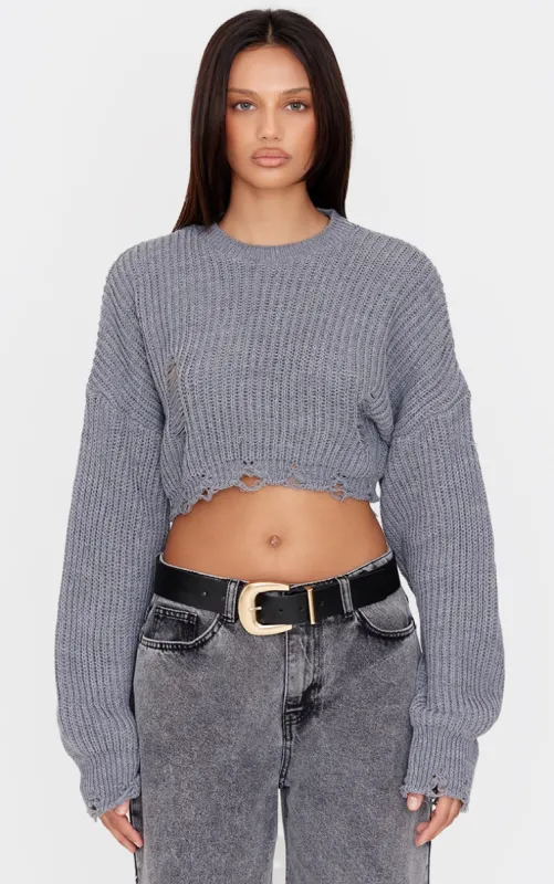 Charcoal Chunky Knit Distressed Hem Crop Jumper sold by Pretty Little Thing