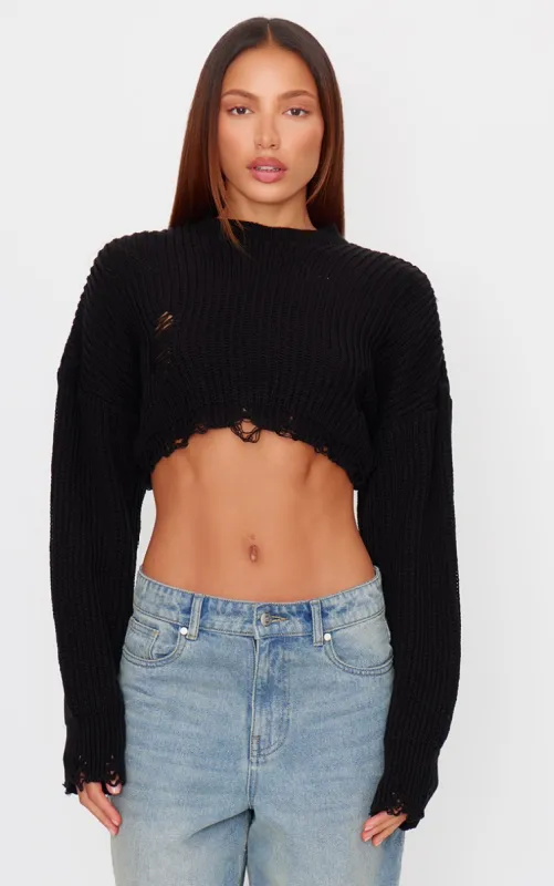 Black Chunky Knit Distressed Hem Crop Jumper sold by Pretty Little Thing