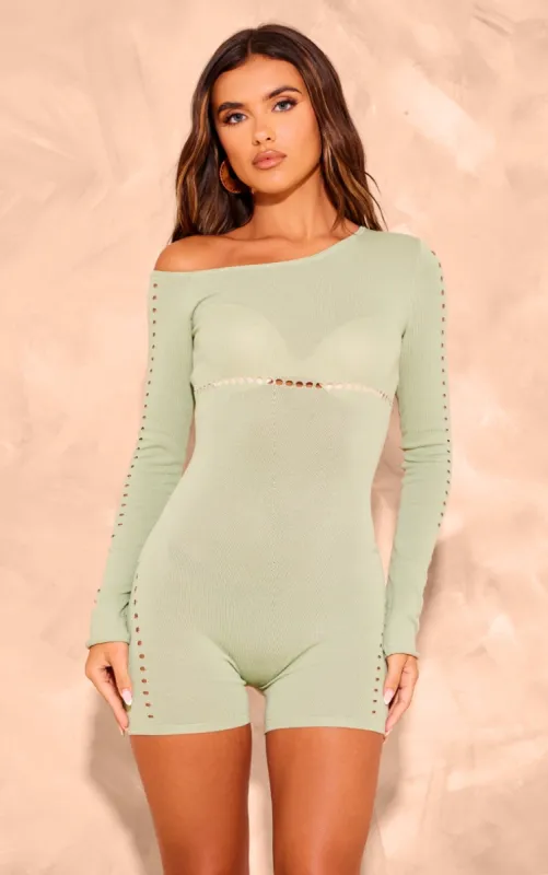 Sage Green Sheer Knit Cut Out Detail Playsuit sold by Pretty Little Thing
