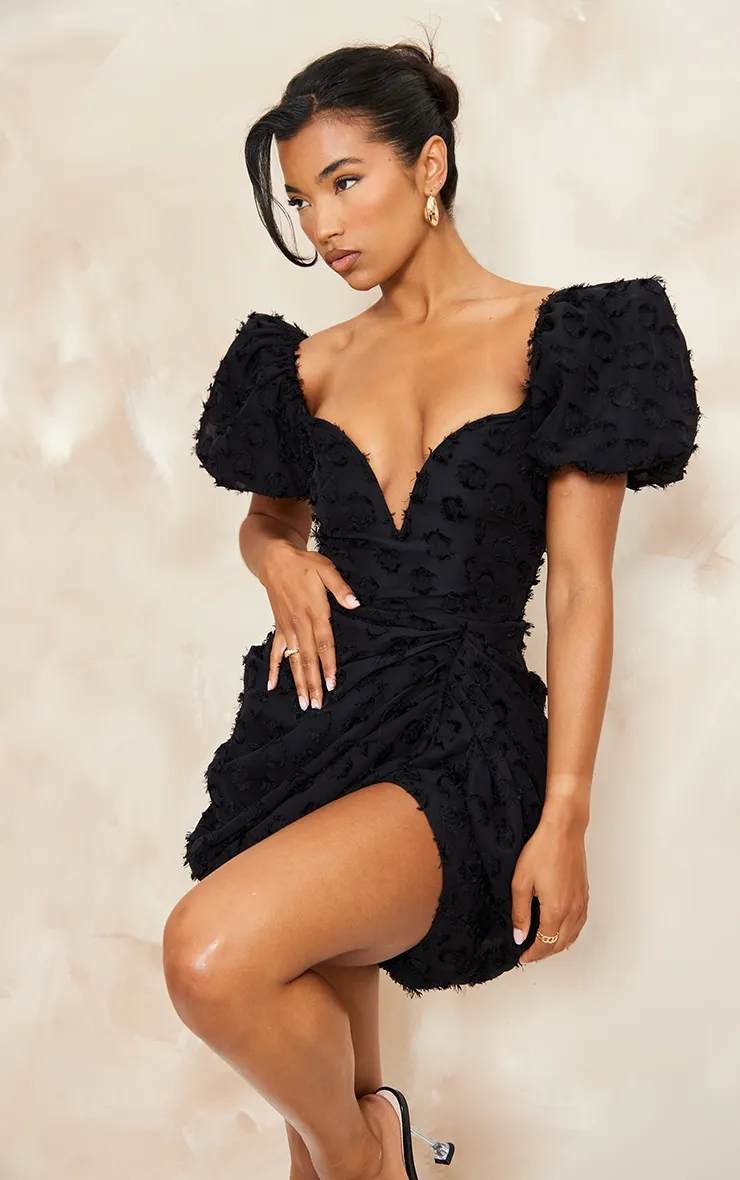 Black Textured Underwired Plunge Drape Bodycon Dress sold by Pretty Little Thing
