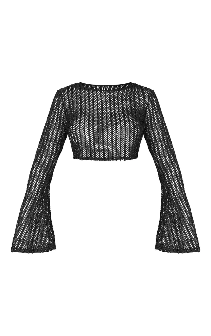 Shape Black Glitter Textured Long Sleeve Crop Top sold by Pretty Little Thing product image thumbnail 5