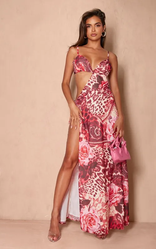 Pink Floral Print Chiffon Cami Cut Out Split Leg Maxi Dress made by Pretty Little Thing