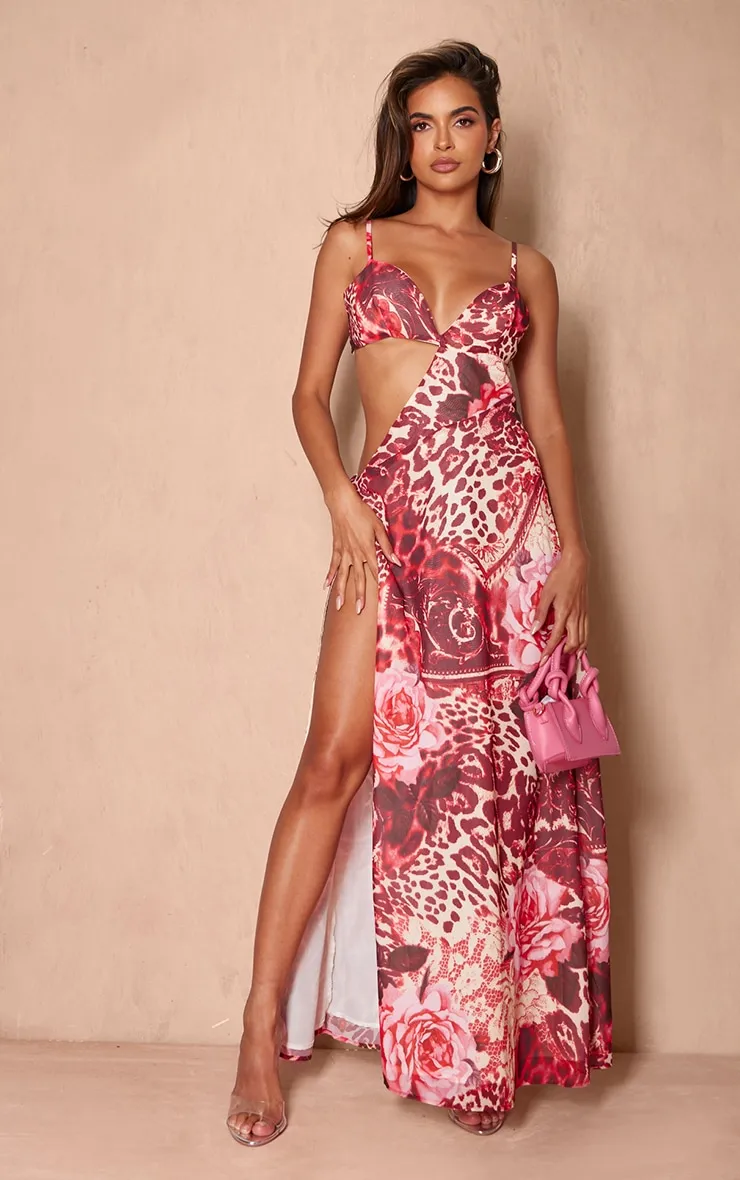 Pink Floral Print Chiffon Cami Cut Out Split Leg Maxi Dress sold by Pretty Little Thing
