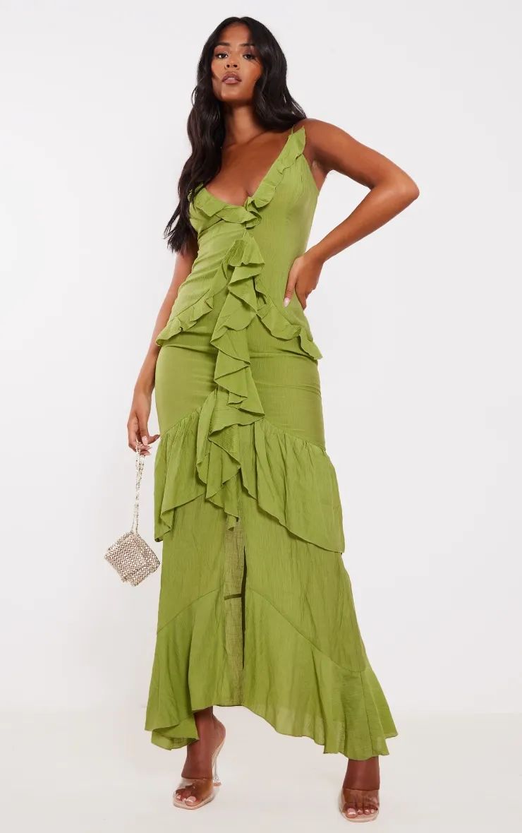 Tall Olive Frill Textured Maxi Dress sold by Pretty Little Thing