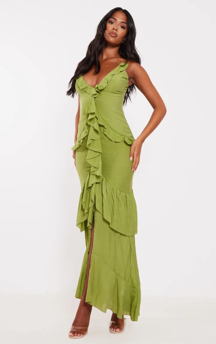 Tall Olive Frill Textured Maxi Dress sold by Pretty Little Thing product image thumbnail 3